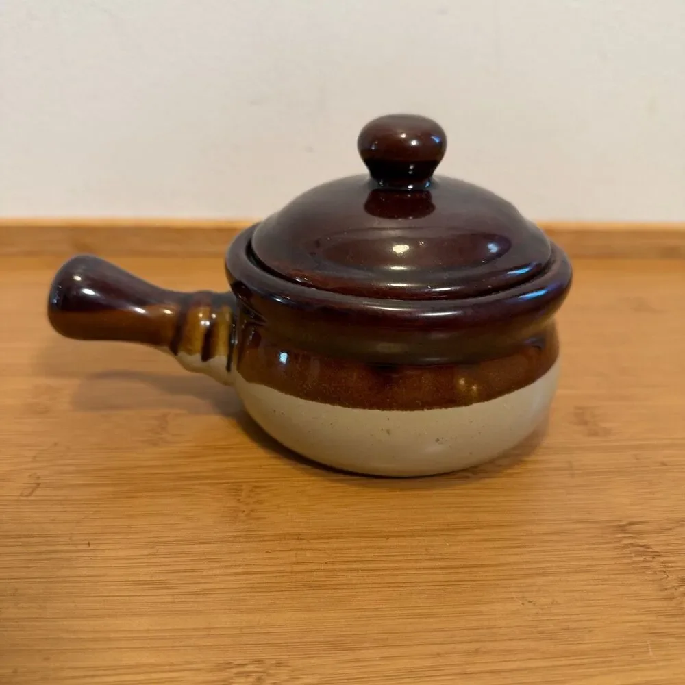 Vintage Brown Beige Stoneware Handled Casserole Crock w Lid Pottery MCM